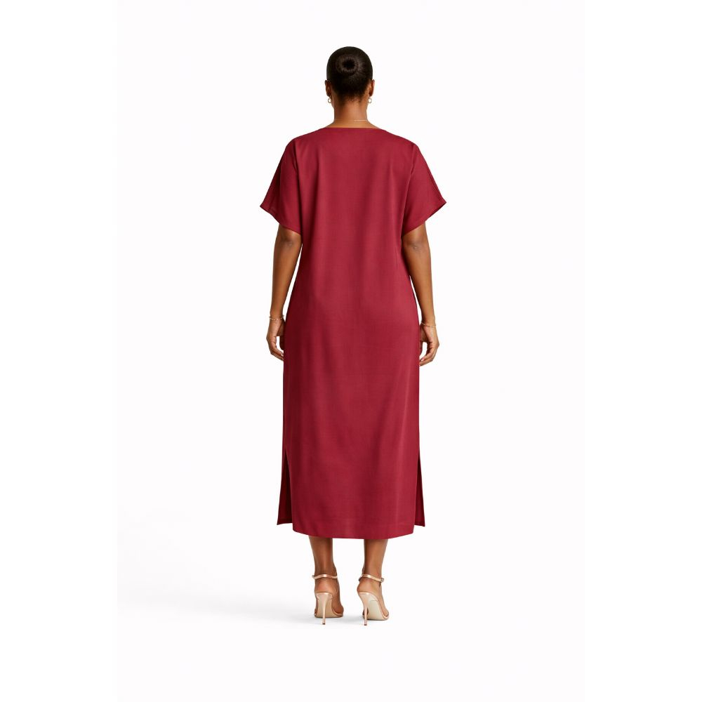 Wine Red Kaftan Dress with Front Bow Tie Detail